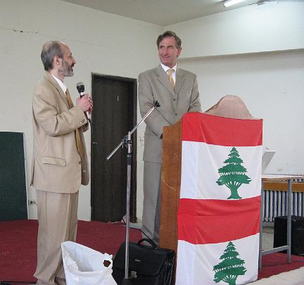 22 leb school.jpg - Dr Ziad Dakdouk, who tirelessly planned a very full tour of Lebanon, introduces Dr Deans and Consciousness-Based Education.